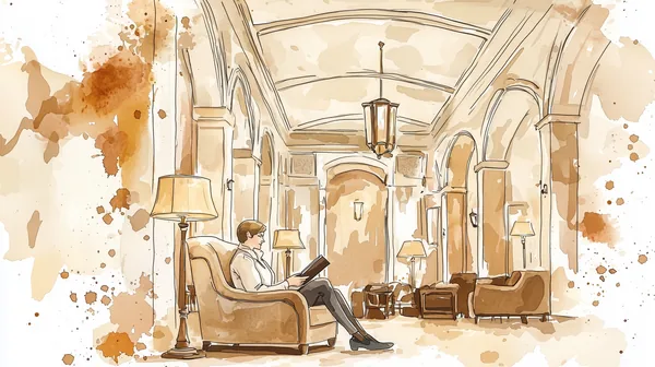 A quiet hotel reading room, illustrated in warm watercolor