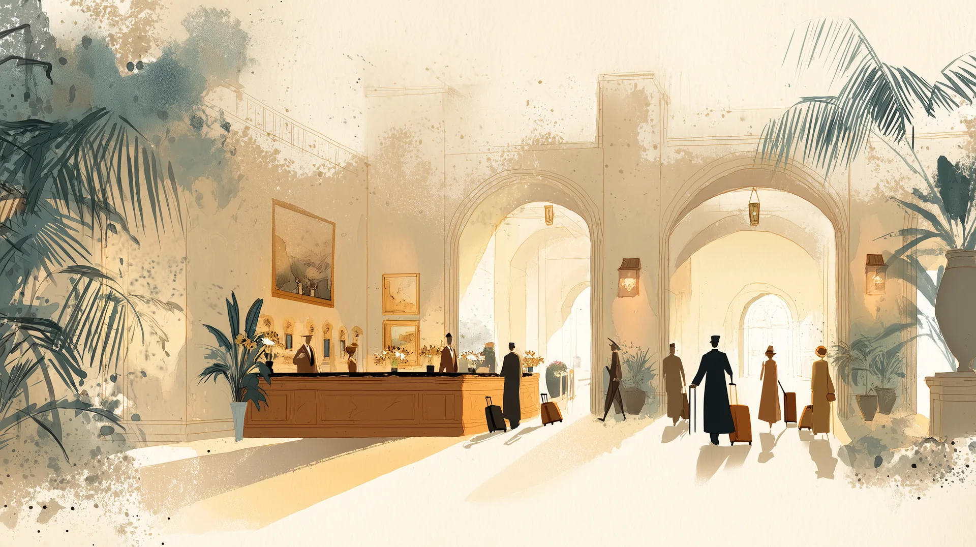 A sunlit Mediterranean hotel arrival, painted in warm watercolor